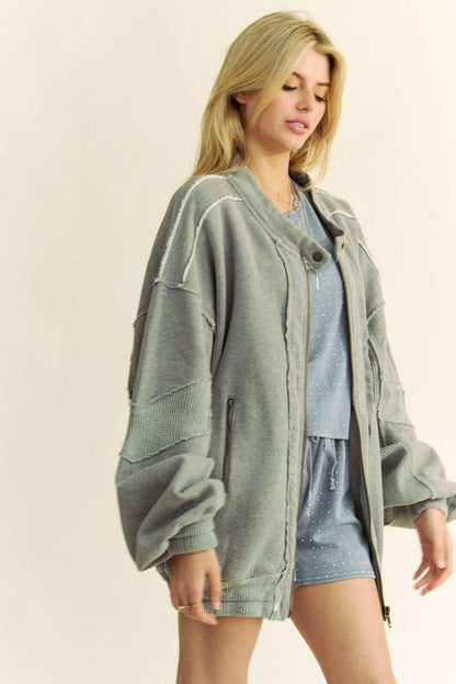 Grey Exposed Seam Zip Up Dropped Shoulder Jacket