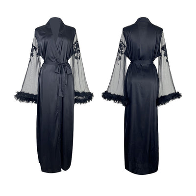 Sheer Lace Robe - Full Length Boa Sleeve Intimate Wear