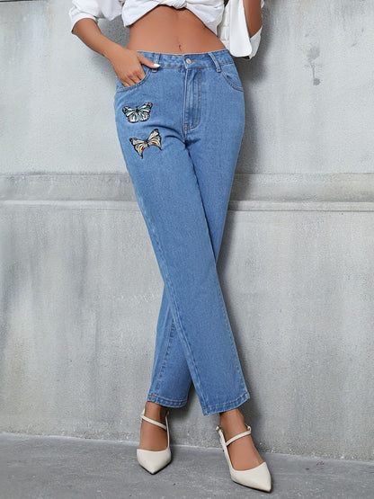 Butterfly Embroidered Straight Leg Medium Denim Jeans