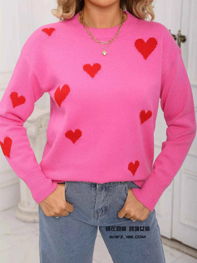 Valentine's Day Heart Print Round Neck Sweater - Fashions Envy