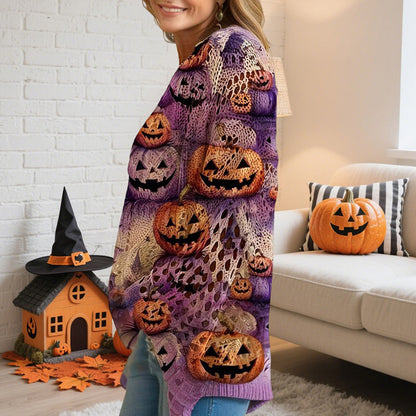 Diamond Hollow Out Batwing Sleeve Top - Loose Fit Pumpkin Halloween Print