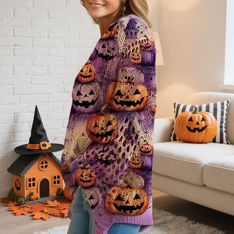 Diamond Hollow Out Batwing Sleeve Top - Loose Fit Pumpkin Halloween Print