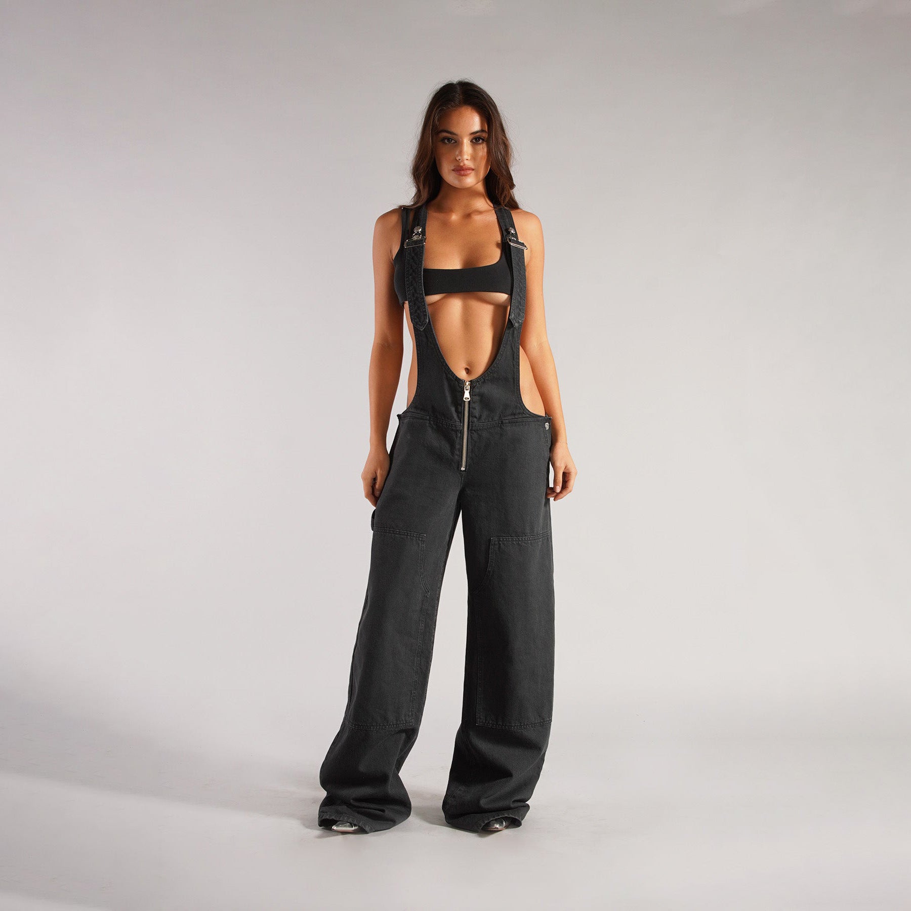 Denim Overalls - Y2K Zipper Suspender Wide Leg Jeans
