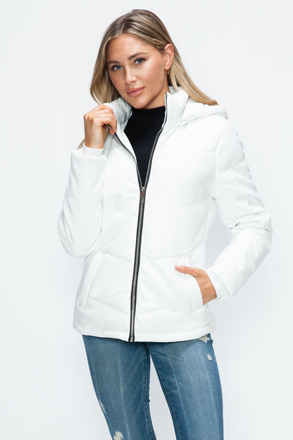 White Pocketed Zip Up Puffer Jacket with Removable Hood