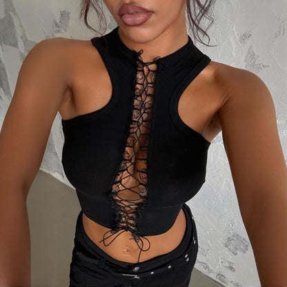 Strappy Crop Top - Cross Back Slim Fit Black