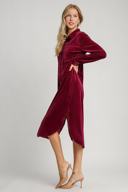 Burgundy Texture Curved Hem Button Down Shirt Dress