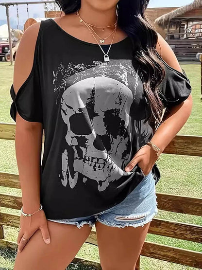Plus Size Skeleton Graphic Round Neck Cold Shoulder T-Shirt - Halloween Top - Fashions Envy
