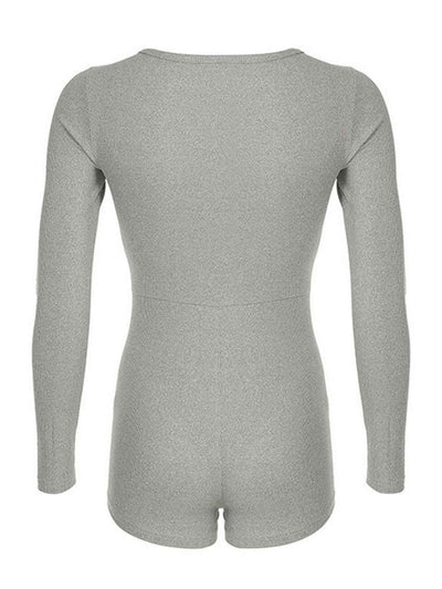 Deep V-Neck Ribbed Romper - Long Sleeve Button Front