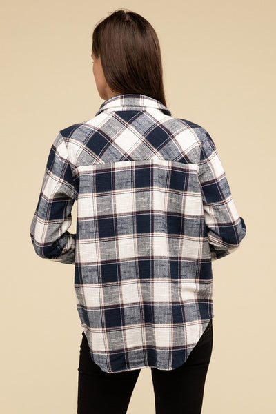 Cotton Plaid Shacket With Front Pocket - Fashions Envy