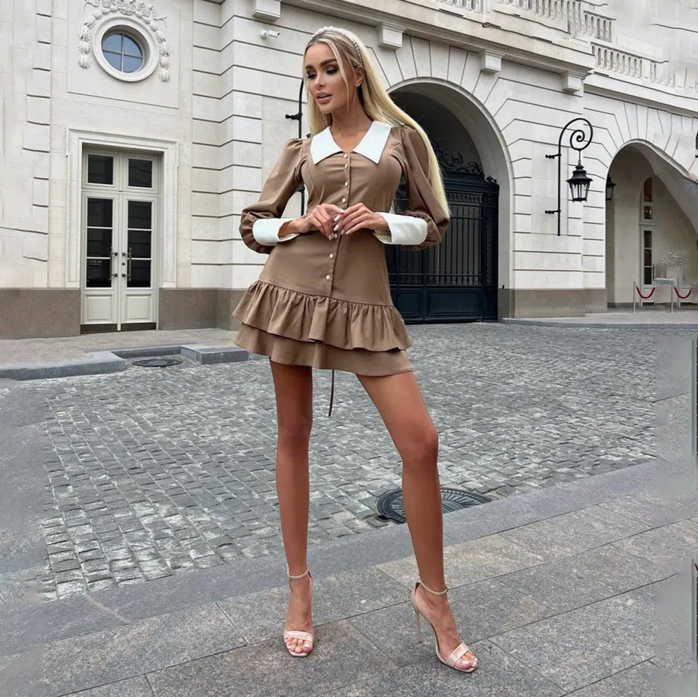 Lace-Up Ruffle Dress - Contrast Color A-Line Mini