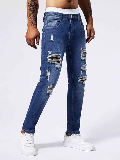 Men's Distressed Jeans - Studded Slim Fit Stretch Denim - Fashions Envy
