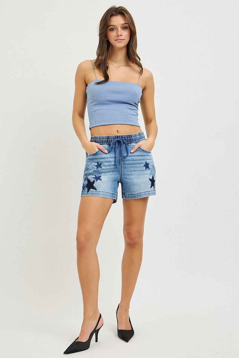 RISEN Elastic Band Slouchy Denim Shorts with Star Patched Details
