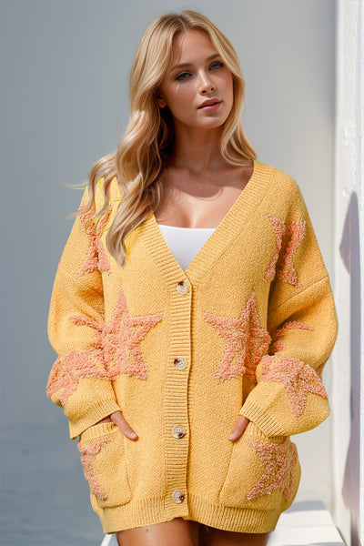 Double Take Full Size Button Up Star Pattern Cardigan - Fashions Envy