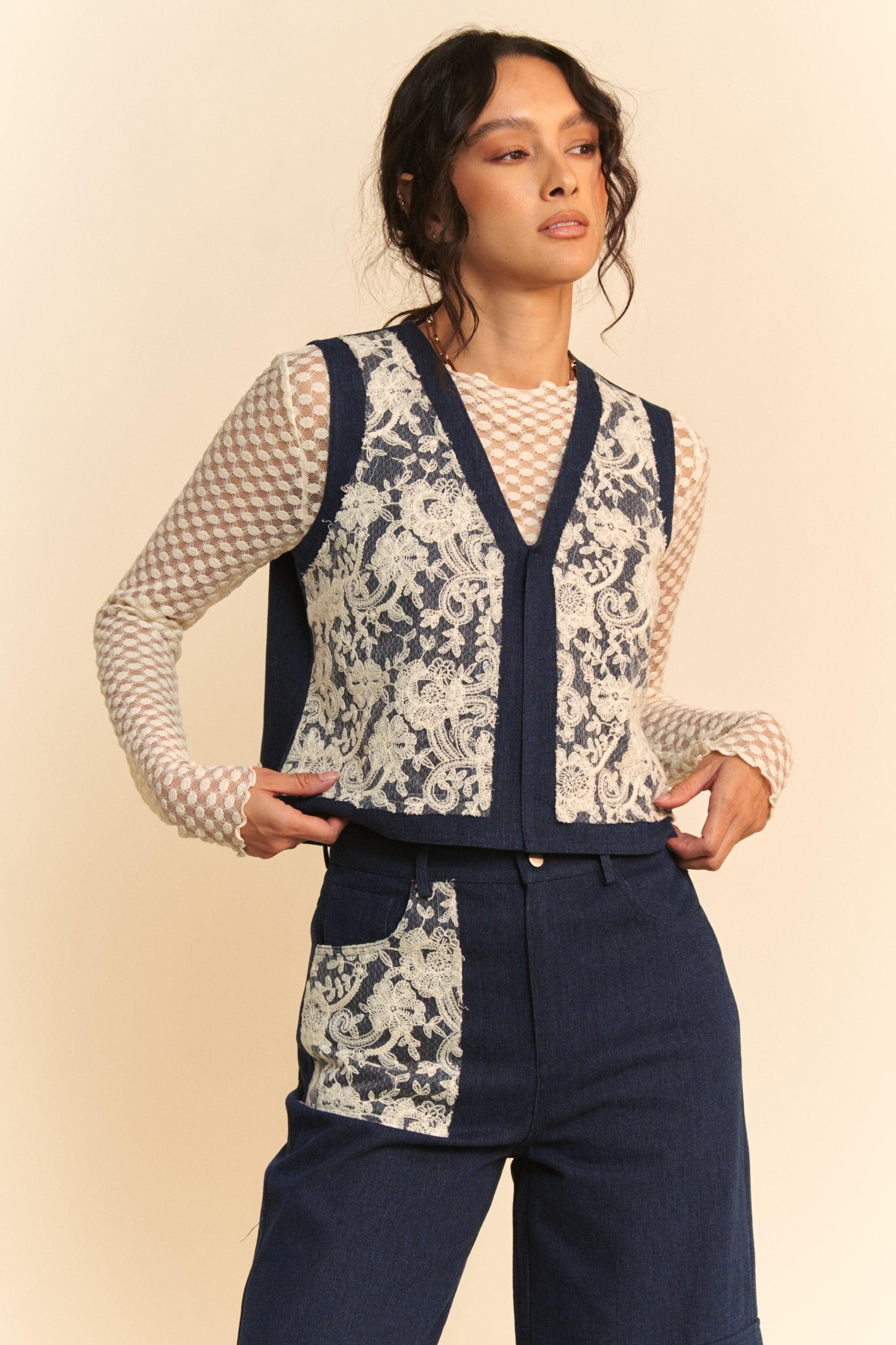 Lace Patch Open Front Denim Vest