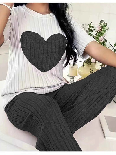 Heart Ribbed Knit Top and Pants Lounge Set