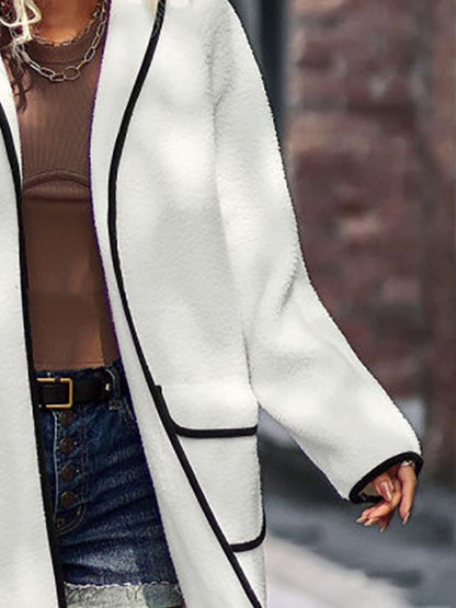 Full Size Contrast Trim Long Sleeve Coat with Pockets - Fashions Envy