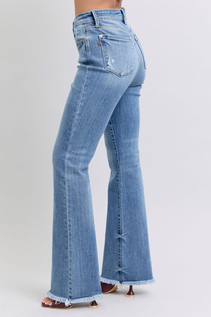 Medium Blue Full Size Raw Hem High Rise Bootcut Judy Jeans