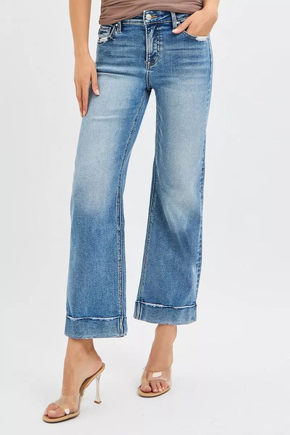 RISEN Crop Straight Jeans - Mid Rise Cuffed Hem - Fashions Envy