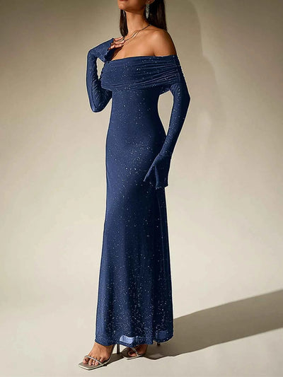 Glitter Off-Shoulder Maxi Dress