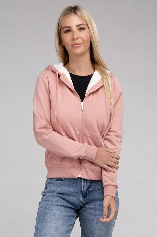 Fuzzy Trim Zip-Up Cropped Length Hoodie