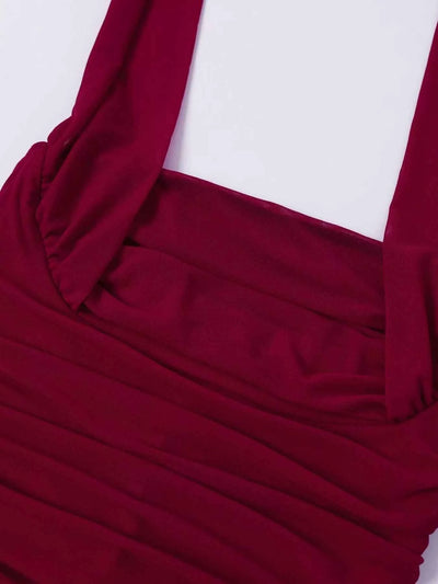 Halter Neck Ruched Slit Maxi Dress