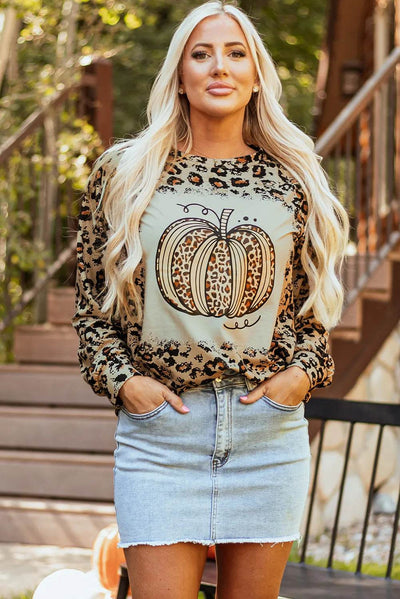 Pumpkin Graphic Leopard Print Long Sleeve Sweatshirt - Fall Fashion Statement - Fashions Envy