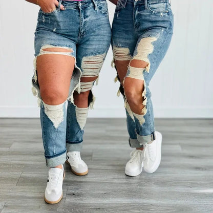 High-Waist Heavy Destroy Jeans - Distressed Ripped Denim