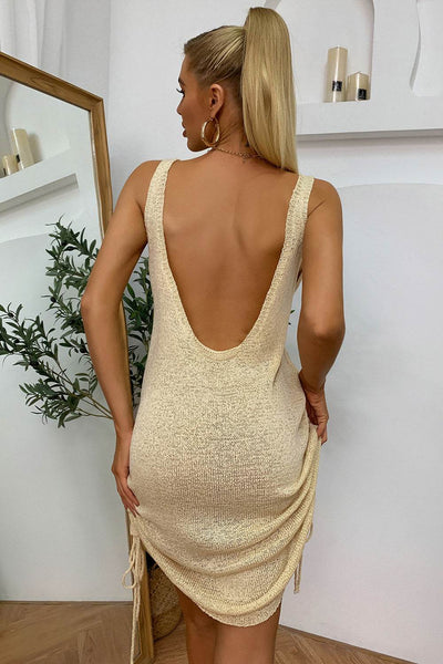 Slightly Stretchy Drawstring Backless Mini Dress - Fashions Envy