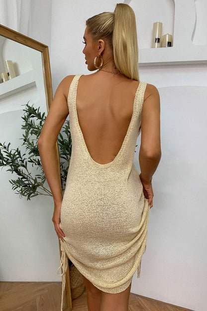 Slightly Stretchy Drawstring Backless Mini Dress - Fashions Envy
