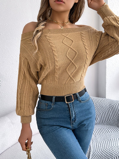 Cable Knit Off-Shoulder Sweater - Cozy Long Sleeve