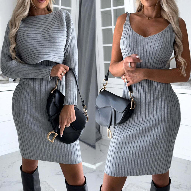 Striped Halter Top & Mini Skirt Set - Autumn Winter Suit