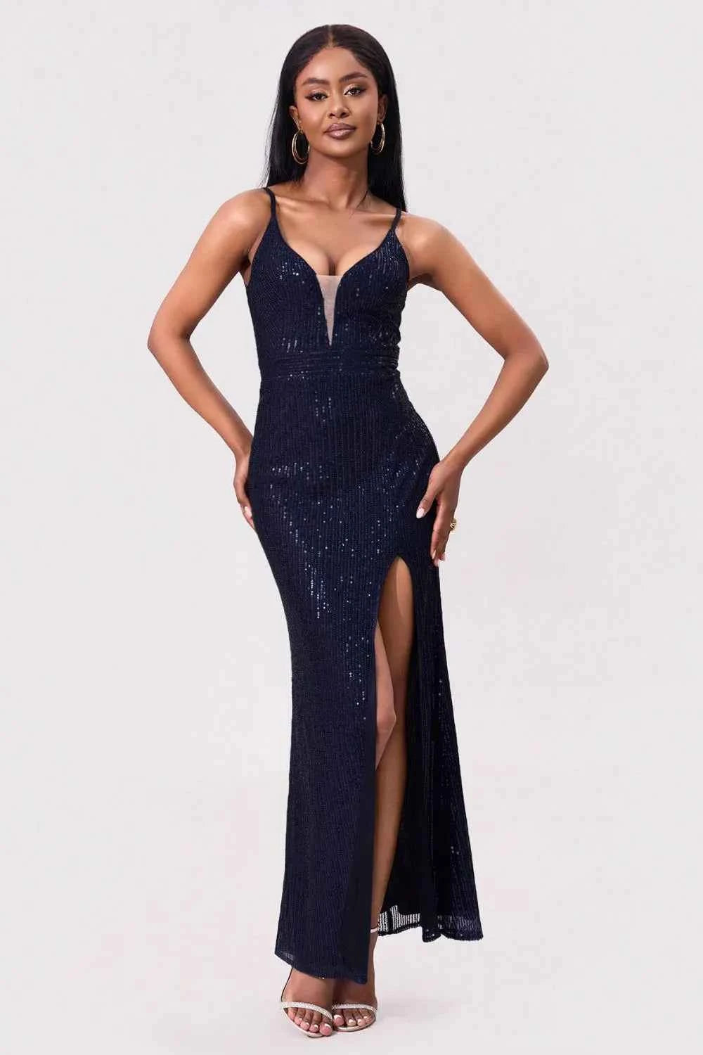 Navy Sequin Backless Maxi Dress - Spaghetti Strap High Slit