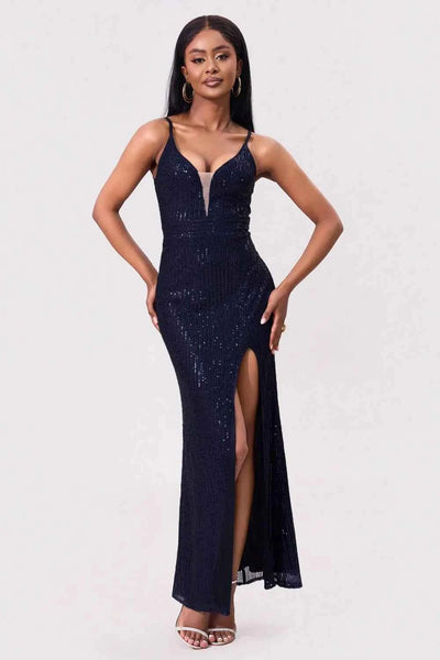 Navy Sequin Backless Maxi Dress - Spaghetti Strap High Slit