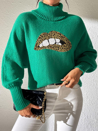Lip Turtleneck Long Sleeve Sweater - Fashions Envy