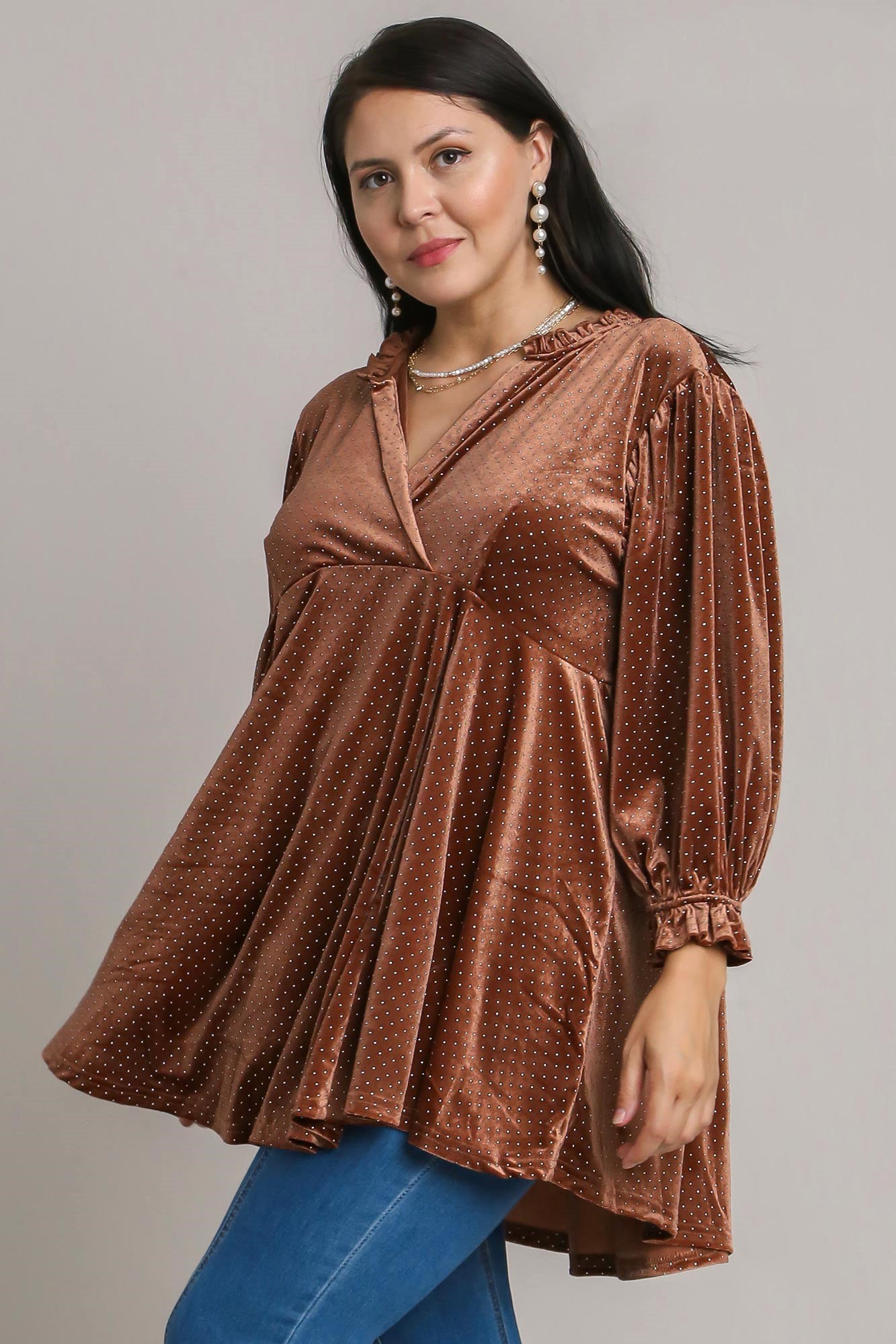 Brown Full Size Beaded Frill Flounce Sleeve Velvet Babydoll Blouse