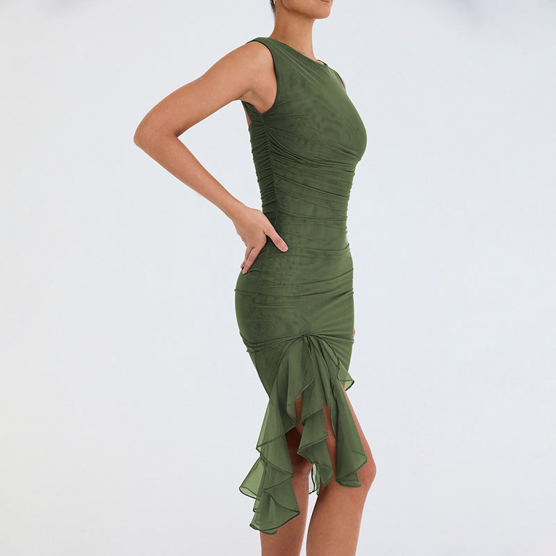 High-Neck Ruffle Hem solid Color Midi Dress