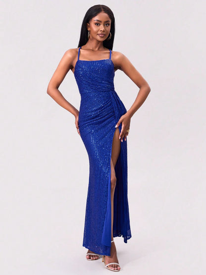 Slit Sequin Square Neck Spaghetti Strap Maxi Dress