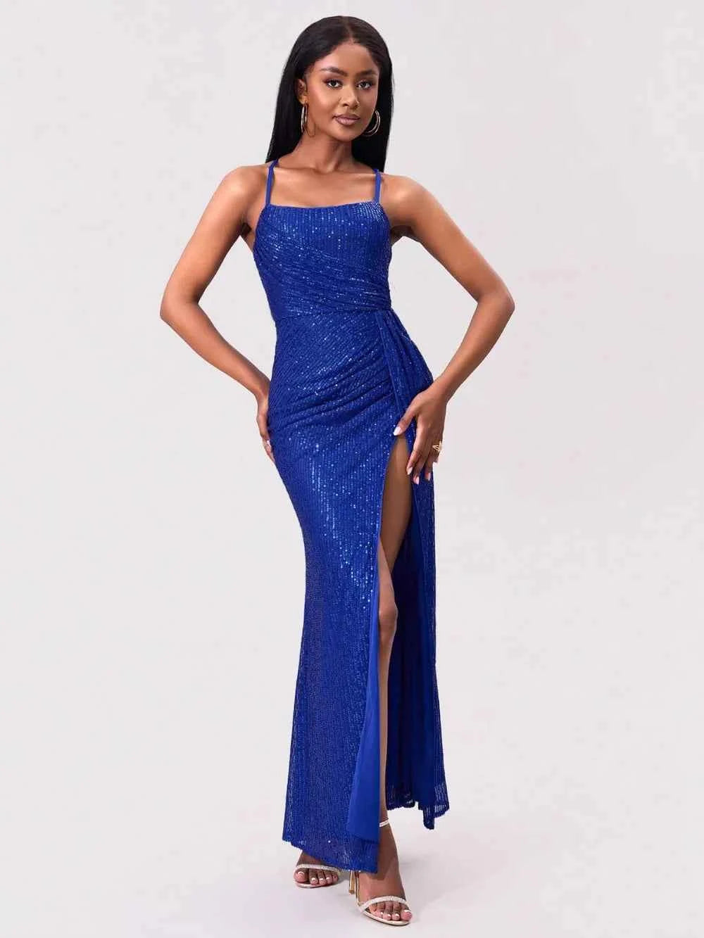 Royal Blue Sequin Maxi Dress - Square Neck Spaghetti Strap