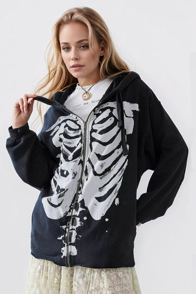 Skeleton Zip Up Drawstring Hoodie - Halloween Sweatshirt - Fashions Envy