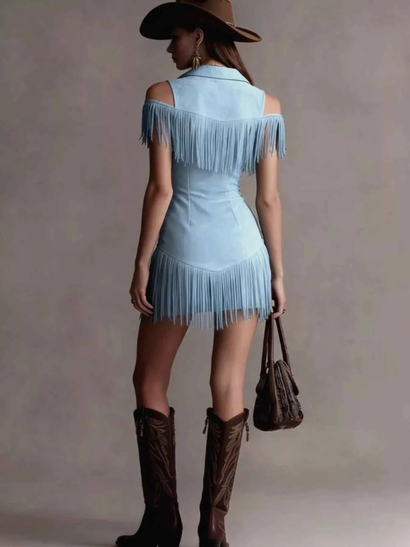 Fringed Cold Shoulder Mini Dress
