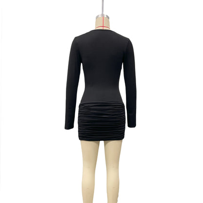 Shirred Elegance Dress - V-Neck Bodycon Mini