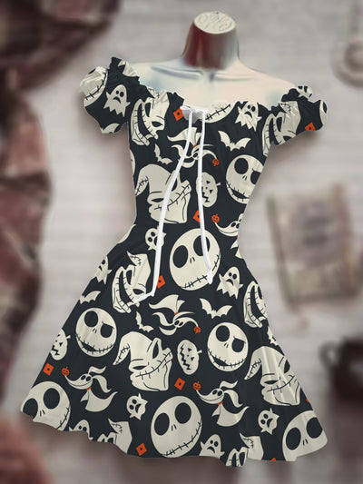 Skull Print Drawstring Dress - 3D Halloween Outfit