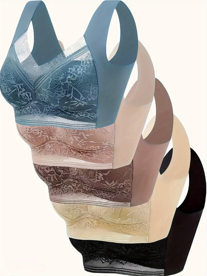 Comfy & Breathable Push Up Contrast Lace Wireless Bra - 5 pcs