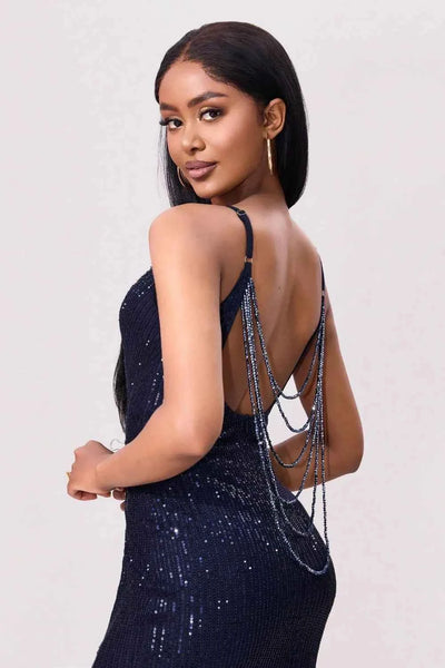 Navy Sequin Backless Maxi Dress - Spaghetti Strap High Slit