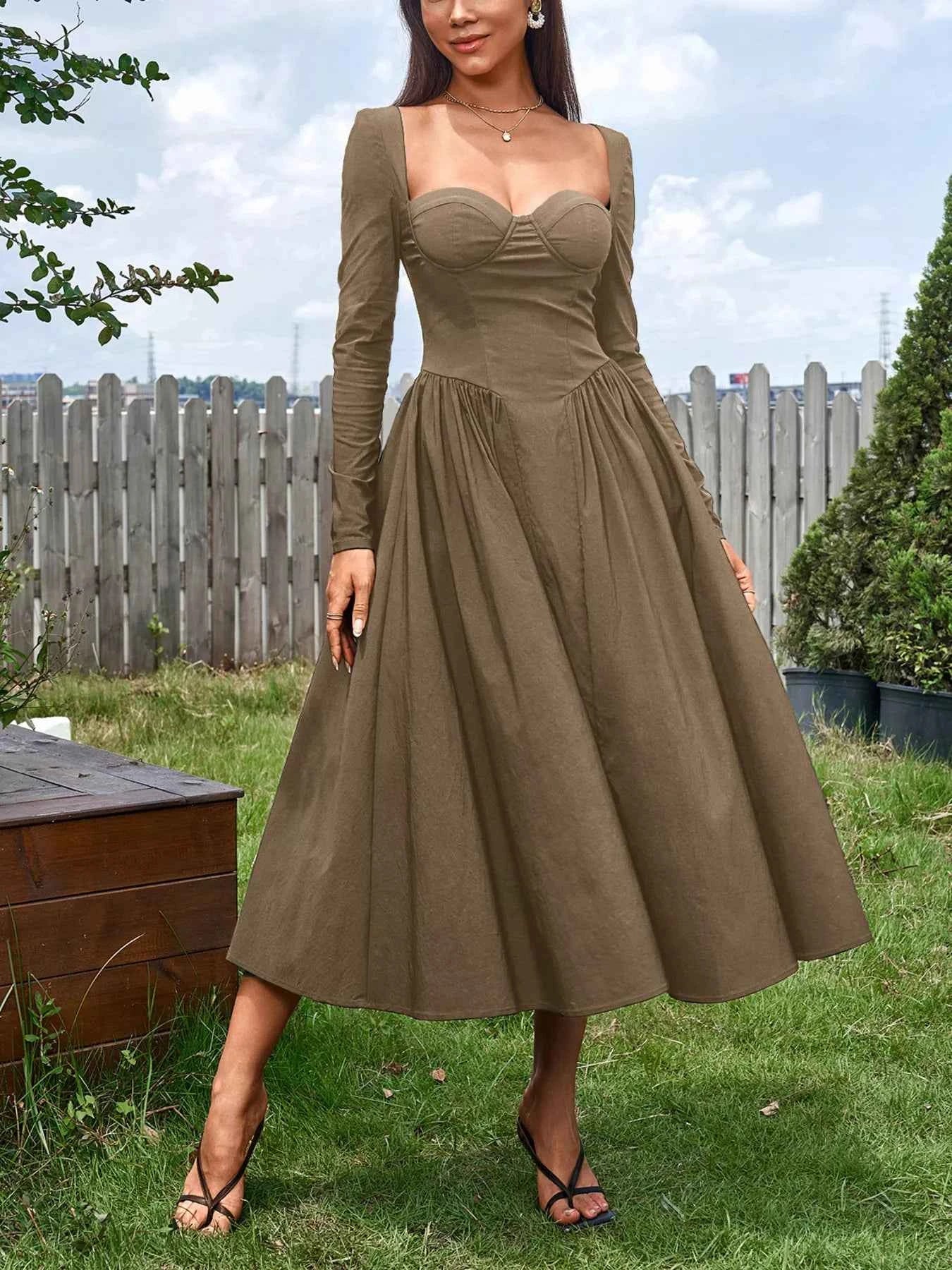Sweetheart Neckline Long Sleeve A-Line Midi Dress