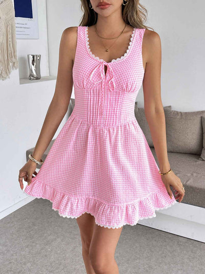 Gingham Lace Trim Mini Dress - Smocked Tie Strap