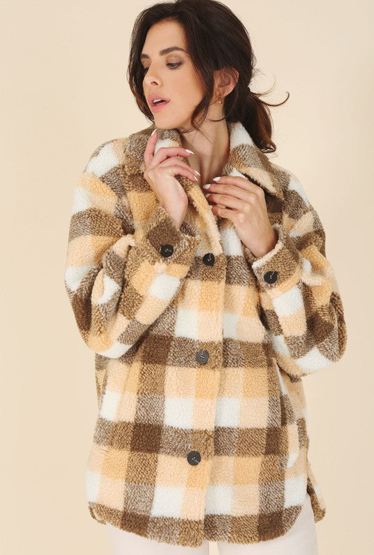 Brown Orange Plaid Check Sherpa Jacket with Pockets