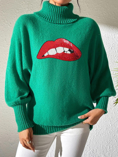 Lip Turtleneck Long Sleeve Sweater - Fashions Envy