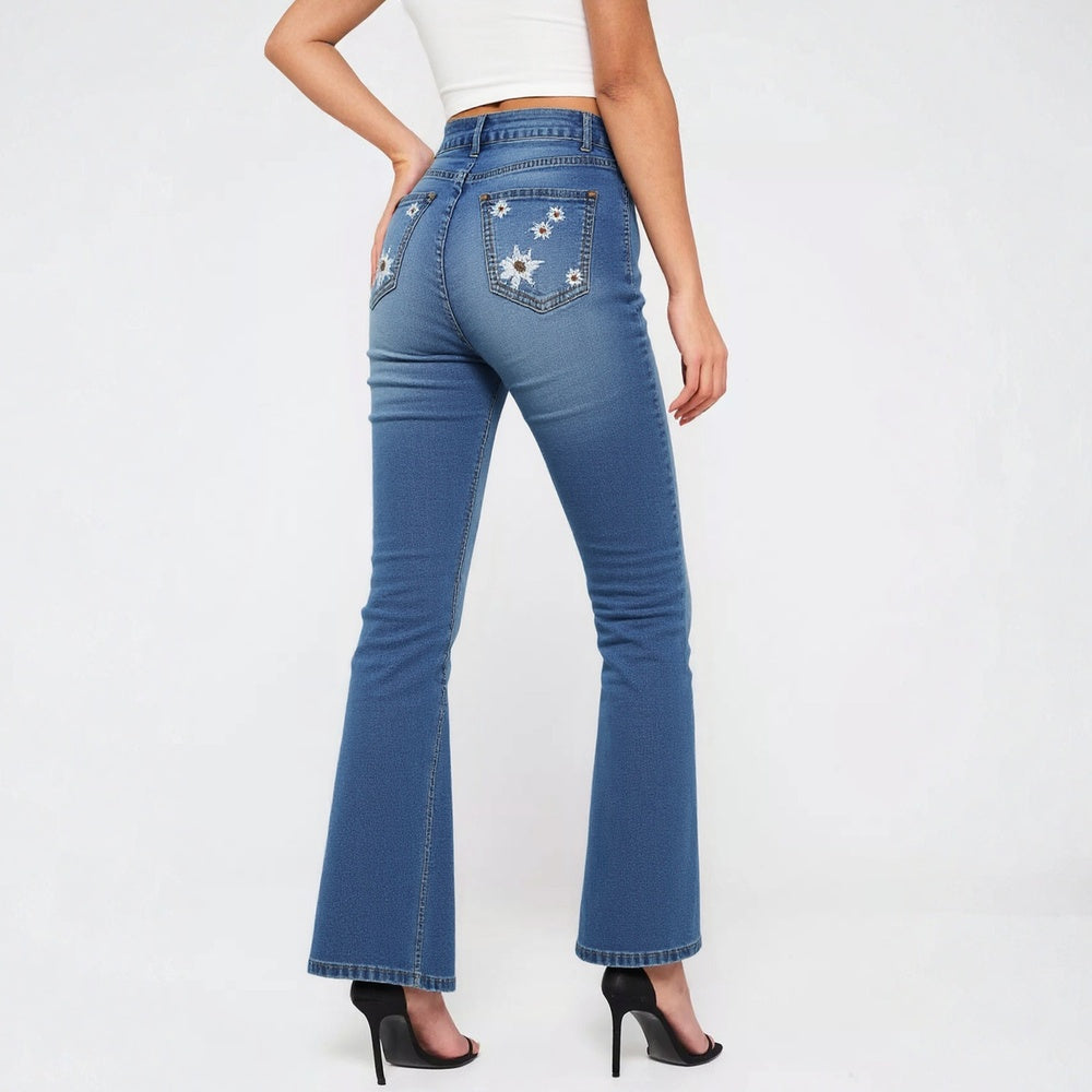 High-Waist Star Patch Slit Leg Jeans - Y2K Retro Denim