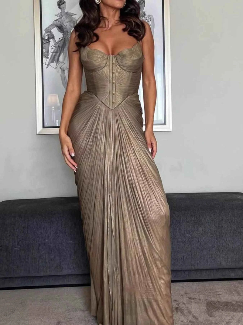 Pleated Corset Maxi Dress - Gold Metallic Gown